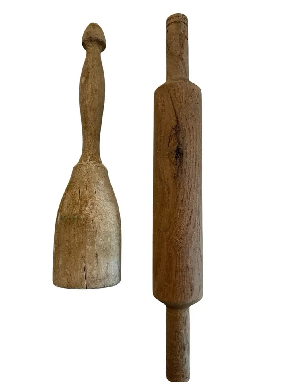Handmade Wooden Rolling Pin and Butter Paddle Set with Handles, Solid Brown